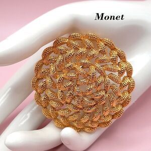 Vintage Monet Woven Round Pin Brooch, Gold Plated Brooch, 2 1/4 Inches